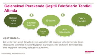 Diğer yandan...
Çok sayıda insan gerçek dünyada alışveriş yapmaktan hâlâ hoşlanıyor ve hoşlanmaya da devam
edecek çünkü geleneksel mekanlarda yaşanan alışveriş deneyimi, tüketicilerin derinlerdeki bazı
temel ihtiyaçlarını karşılamayı sonsuza dek sürdürecek.
Trendwatching, Retail Renaissance
Geleneksel Perakende Çeşitli Faktörlerin Tehdidi
Altında
Sıkıcı
zincirlerE-ticaret
Çevresel
faktörler
Değişen
nüfus
yapısı
Anti-
tüketimcilik
 