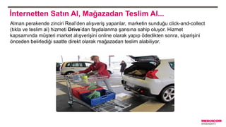 İnternetten Satın Al, Mağazadan Teslim Al...
Alman perakende zinciri Real’den alışveriş yapanlar, marketin sunduğu click-and-collect
(tıkla ve teslim al) hizmeti Drive’dan faydalanma şansına sahip oluyor. Hizmet
kapsamında müşteri market alışverişini online olarak yapıp ödedikten sonra, siparişini
önceden belirlediği saatte direkt olarak mağazadan teslim alabiliyor.
 