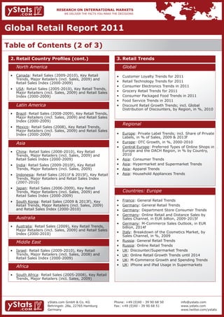 Global Retail Report 2011

Table of Contents (2 of 3)
 2.	Retail	Country	Profiles	(cont.)                          3. Retail Trends
    North America                                                 Global
 •	 Canada: Retail Sales (2009-2010), Key Retail             •	   Customer	Loyalty	Trends	for	2011	
 	 Trends,	Major	Retailers	(incl.	Sales,	2009)	and		 	
    Retail Sales Index (2000-2009)                           •	   Retail	Technology	Trends	for	2011	
                                                             •	   Consumer	Electronics	Trends	in	2011	
 •	 USA: Retail Sales (2005-2010), Key Retail Trends,
 	 Major	Retailers	(incl.	Sales,	2009)	and	Retail	Sales		    •	   Grocery	Retail	Trends	for	2011
    Index (2000-2009)                                        •	   Consumer	Packaged	Food	Trends	in	2011		
                                                             •	   Food	Service	Trends	in	2011
    Latin America                                            •	   Discount	Retail	Growth	Trends;	incl.	Global									
                                                                  Distribution of Discounters, by Region, in %, 2010
 •	 Brazil: Retail Sales (2008-2009), Key Retail Trends,
 	 Major	Retailers	(incl.	Sales,	2009)	and	Retail	Sales		
    Index (2000-2009)
                                                                  Regional
 •	 Mexico: Retail Sales (2008), Key Retail Trends,
 	 Major	Retailers	(incl.	Sales,	2009)	and	Retail	Sales		
    Index (2000-2009)                                        •	 Europe:	Private	Label	Trends;	incl.	Share	of	Private		
                                                                Labels, in % of Sales, 2009 & 2013f
    Asia                                                     •	 Europe:	OTC	Growth,	in	%,	2000-2010		
                                                             •	 Central Europe:	Preferred	Types	of	Online	Shops	in		
 •	 China: Retail Sales (2008-2010), Key Retail                 Europe and the DACH Region, in % by Country,
 	 Trends,	Major	Retailers	(incl.	Sales,	2009)	and		 	          2010
    Retail Sales Index (2000-2009)                           •	 Asia: Consumer Trends
 •	 India: Retail Sales (2009-2010f), Key Retail             •	 Asia: Hypermarket and Supermarket Trends
 	 Trends,	Major	Retailers	(incl.	Sales,	2009)	              •	 Asia: Apparel Trends
 •	 Indonesia: Retail Sales (2011f & 2015f), Key Retail      •	 Asia: Household Appliances Trends
 	 Trends,	Major	Retailers	and	Retail	Sales	Index		 	
    (2007-2010)
 •	 Japan: Retail Sales (2006-2009), Key Retail
 	 Trends,	Major	Retailers	(incl.	Sales,	2009)	and		 	            Countries: Europe
    Retail Sales Index (2000-2009)
 •	 South Korea: Retail Sales (2009 & 2013f), Key            •	   France: General Retail Trends
 	 Retail	Trends,	Major	Retailers	(incl.	Sales,	2009)		      •	   Germany: General Retail Trends
    and Retail Sales Index (2000-2010)                       •	   Germany: Department Store Consumer Trends
                                                             •	   Germany:	Online	Retail	and	Distance	Sales	by		 	
    Australia                                                     Sales Channel, in EUR billion, 2009-2015f
                                                             •	   Germany:	M-Commerce	Sales	Outlook,	in	EUR					
 •	 Australia: Retail Sales (2009), Key Retail Trends,            billion, 2014f
 	 Major	Retailers	(incl.	Sales,	2009)	and	Retail	Sales		
    Index (2000-2010)                                        •	   Italy: Breakdown of the Cosmetics Market, by
                                                                  Sales Channel, in %, 2009
    Middle East                                              •	   Russia: General Retail Trends
                                                             •	   Russia:	Online	Retail	Trends
 •	 Israel: Retail Sales (2009-2010), Key Retail             •	   UK: Discounter/Supermarket Trends
 	 Trends,	Major	Retailers	(incl.	Sales,	2008)	and		 	       •	   UK:	Online	Retail	Growth	Trends	until	2014
    Retail Sales Index (2000-2009)
                                                             •	   UK: M-Commerce Growth and Spending Trends
    Africa                                                   •	   UK: iPhone and iPad Usage in Supermarkets

 •	 South Africa: Retail Sales (2005-2008), Key Retail
 	 Trends,	Major	Retailers	(incl.	Sales,	2009)




                      yStats.com GmbH & Co. KG              Phone: +49 (0)40 - 39 90 68 50         info@ystats.com
                      Behringstr. 28a, 22765 Hamburg        Fax: +49 (0)40 - 39 90 68 51           www.ystats.com
                      Germany                                                                      www.twitter.com/ystats
 