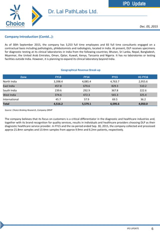 IPO Update
IPO UPDATE 6
Company Introduction (Contd…):
As of 30th September 2015, the company has 3,253 full time employees and 83 full time consultants engaged on a
contractual basis including pathologists, phlebotomists and radiologists, located in India. At present, DLP receives specimens
for diagnostic testing at its clinical laboratories in India from the following countries; Bhutan, Sri Lanka, Nepal, Bangladesh,
Myanmar, the United Arab Emirates, Oman, Qatar, Kuwait, Kenya, Tanzania and Nigeria. It has no laboratories or testing
facilities outside India. However, it is planning to expand its clinical laboratory beyond India.
Source: Choice Broking Research, Company DRHP
Geographical Revenue Break-up
The company believes that its focus on customers is a critical differentiator in the diagnostic and healthcare industries and,
together with its brand recognition for quality services, results in individuals and healthcare providers choosing DLP as their
diagnostic healthcare service provider. In FY15 and the six period ended Sep. 30, 2015, the company collected and processed
approx 21.8mn samples and 13.4mn samples from approx 9.9mn and 6.2mn patients, respectively.
Zone FY13 FY14 FY15 H1 FY16
North India 3,398.4 4,085.4 4,763.7 2,955.6
East India 457.8 670.6 829.3 510.2
South India 239.6 292.9 367.8 222.6
West India 374.6 472.3 565.3 325.4
International 45.7 57.9 69.5 36.2
Total 4,516.2 5,579.1 6,595.6 4,050.0
Dec. 05, 2015
Dr. Lal PathLabs Ltd.
 