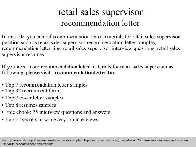 retail sales supervisor recommendation letter sales supervisor