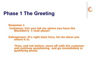 Phase 1 The Greeting Response 1 Customer: Can you tell me where you have the BlackBerry  I read about?  Salesperson: It’s right back here, let me show you where it is. Then, and not before, move off with the customer and continue questioning  and go immediately in qualifying phase. 