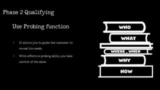 UseProbingfunction
 Itallowsyoutoguidethecustomerto
revealhisneeds.
 Witheffectiveprobingskills,youtake
controlofthesales.
Phase2Qualifying
 