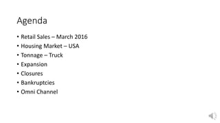 Agenda
• Retail Sales – March 2016
• Housing Market – USA
• Tonnage – Truck
• Expansion
• Closures
• Bankruptcies
• Omni Channel
 
