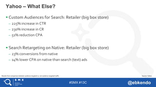 #SMX #13C @ebkendo
 Custom Audiences for Search: Retailer (big box store)
– 225% increase in CTR
– 230% increase in CR
– 51% reduction CPA
 Search Retargeting on Native: Retailer (big box store)
– 23% conversions from native
– 14% lower CPA on native than search (text) ads
Yahoo – What Else?
Source: YahooResults from comparison between audience targeted vs. non audience targeted traffic
 