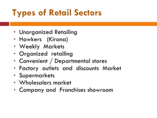 Types of Retail Sectors Unorganized Retailing  Hawkers  (Kirana)  Weekly  Markets  Organized  retailing  Convenient / Departmental stores  Factory  outlets  and  discounts  Market  Supermarkets  Wholesalers market  Company and  Franchises showroom 