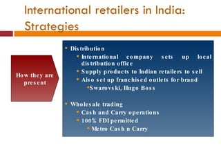 Distribution International company sets up local distribution office Supply products to Indian retailers to sell Also set up franchised outlets for brand Swarovski, Hugo Boss Wholesale trading Cash and Carry operations 100% FDI permitted Metro Cash n Carry How they are present International retailers in India: Strategies 