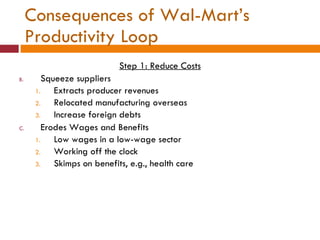 Consequences of Wal-Mart’s Productivity Loop Step 1: Reduce Costs Squeeze suppliers Extracts producer revenues Relocated manufacturing overseas Increase foreign debts Erodes Wages and Benefits Low wages in a low-wage sector Working off the clock Skimps on benefits, e.g., health care 