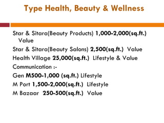 Type Health, Beauty & Wellness Star & Sitara(Beauty Products)  1,000-2,000(sq.ft.)   Value Star & Sitara(Beauty Salons)  2,500(sq.ft.)  Value Health Village  25,000(sq.ft.)  Lifestyle & Value Communication :- Gen  M500-1,000 (sq.ft.)  Lifestyle M Port  1,500-2,000(sq.ft.)  Lifestyle M Bazaar  250-500(sq.ft.)   Value 