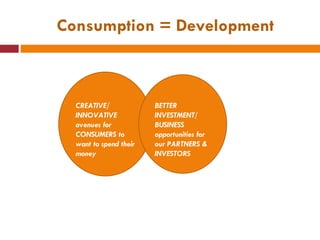 Consumption = Development CREATIVE/ INNOVATIVE avenues for CONSUMERS to want to spend their money BETTER INVESTMENT/ BUSINESS opportunities for our PARTNERS & INVESTORS 