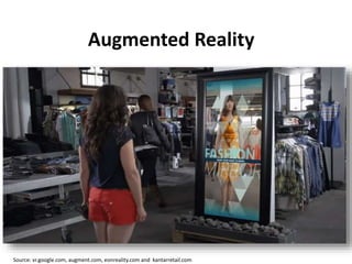 Augmented Reality
Source: vr.google.com, augment.com, eonreality.com and kantarretail.com
 