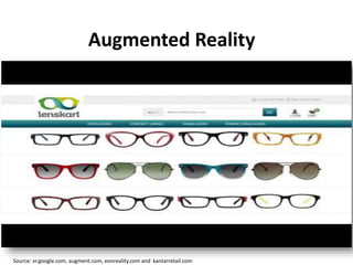 Augmented Reality
Source: vr.google.com, augment.com, eonreality.com and kantarretail.com
 