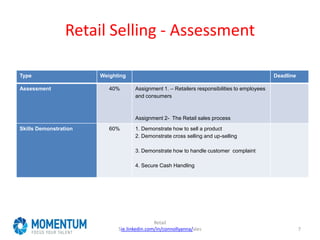 Retail Selling - Assessment
Type Weighting Deadline
Assessment 40% Assignment 1. – Retailers responsibilities to employees
and consumers
Assignment 2- The Retail sales process
Skills Demonstration 60% 1. Demonstrate how to sell a product
2. Demonstrate cross selling and up-selling
3. Demonstrate how to handle customer complaint
4. Secure Cash Handling
Retail
Sie.linkedin.com/in/connollyanna/ales 7
 