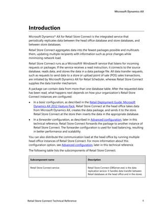 Microsoft Dynamics AX




Introduction
Microsoft Dynamics® AX for Retail Store Connect is the integrated service that
periodically replicates data between the head office database and store databases, and
between store databases.
Retail Store Connect aggregates data into the fewest packages possible and multicasts
them, updating multiple recipients with information such as price changes while
minimizing network load.
Retail Store Connect runs as a Microsoft® Windows® service that listens for incoming
requests or packages. If the service receives a read instruction, it connects to the source
database, reads data, and stores the data in a data package file. All data transfer requests,
such as requests to send data to a store or upload point of sale (POS) sales transactions,
are initiated by Microsoft Dynamics AX for Retail Scheduler, whereas Retail Store Connect
supplies the data transfer mechanism.
A package can contain data from more than one database table. After the requested data
has been read, what happens next depends on how your organization’s Retail Store
Connect instances are configured.
      In a basic configuration, as described in the Retail Deployment Guide: Microsoft
       Dynamics AX 2012 Feature Pack, Retail Store Connect at the head office takes data
       from Microsoft Dynamics AX, creates the data package, and sends it to the store.
       Retail Store Connect at the store then inserts the data in the appropriate database.
      In a forwarder configuration, as described in Advanced configuration, later in this
       technical reference, Retail Store Connect forwards the package to another instance of
       Retail Store Connect. The forwarder configuration is used for load balancing, resulting
       in better performance and scalability.
You can also distribute the communication load at the head office by running multiple
head office instances of Retail Store Connect. For more information about this
configuration option, see Advanced configuration, later in this technical reference.
The following table lists the subcomponents of Retail Store Connect.


    Subcomponent name                             Description


    Retail Store Connect service                  Retail Store Connect (DBServer.exe) is the data
                                                  replication service. It handles data transfer between
                                                  Retail databases at the head office and in the stores.




Retail Store Connect Technical Reference                                                                   4
 