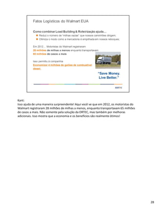 Kant:
Isso ajuda de uma maneira surpreendente! Aqui você ve que em 2012, os motoristas do
Walmart registraram 28 milhões de milhas a menos, enquanto transportavam 65 milhões
de casos a mais. Não somente pela solução da ORTEC, mas também por melhoras
adicionais. Isso mostra que a economia e os benefícios são realmente ótimos!
28
 