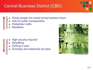 7-21
Central Business District (CBD)
■ Draws people into areas during business hours
■ Hub for public transportation
■ Pedestrian traffic
■ Residents
■ High security required
■ Shoplifting
■ Parking is poor
■ Evenings and weekends are slow
AdvantagesDisadvantages
Spike Mafford/Getty Images
 