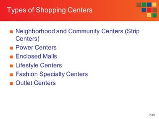7-25
Types of Shopping Centers
■ Neighborhood and Community Centers (Strip
Centers)
■ Power Centers
■ Enclosed Malls
■ Lifestyle Centers
■ Fashion Specialty Centers
■ Outlet Centers
 