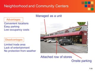 7-26
Neighborhood and Community Centers
Attached row of stores
Managed as a unit
Onsite parking
TheMcGraw-HillCompanies,Inc./AndrewResek,photographer
Advantages
Convenient locations
Easy parking
Low occupancy costs
Disadvantages
Limited trade area
Lack of entertainment
No protection from weather
 
