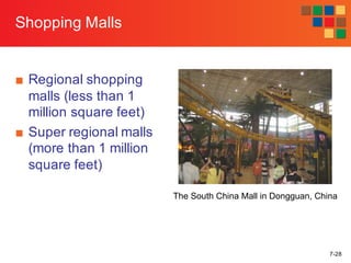 7-28
Shopping Malls
■ Regional shopping
malls (less than 1
million square feet)
■ Super regional malls
(more than 1 million
square feet)
The South China Mall in Dongguan, China
 