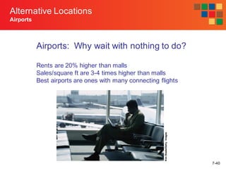 7-40
Alternative Locations
Airports
Airports: Why wait with nothing to do?
Rents are 20% higher than malls
Sales/square ft are 3-4 times higher than malls
Best airports are ones with many connecting flights
KimSteele/GettyImages
 