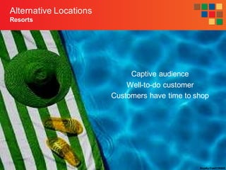 7-41
Alternative Locations
Resorts
Captive audience
Well-to-do customer
Customers have time to shop
Royalty-Free/CORBIS
 