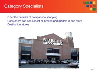 7-48
Category Specialists
Offer the benefits of comparison shopping
Consumers can see almost all brands and models in one store
Destination stores
The McGraw-Hill Companies, Inc./Andrew Resek, photographer
 