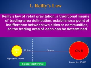 Reilly’s law of retail gravitation, a traditional means
of trading-area delineation, establishesa point of
indifference between two cities or communities,
so the trading area of each can be determined
City
A
City B30	Kms10	Kms
Point	of	indifference
Population	10,000
Population	90,000
1. Reilly’s Law
 