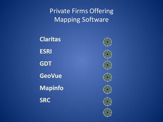 Private	Firms	Offering	
Mapping	Software
Claritas
ESRI
GDT
GeoVue
Mapinfo
SRC
 