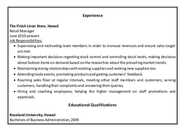 department store manager resumes