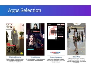 different
er select
s.
3D Virtual Dressing
Presents realistic 3D product models
and sync with shopper’s movement
within the live video feed.
Virtual Makeup
As your virtual artist, it presents different
makeover look on shopper’s face.
Product Catalogue
Digital guide for shoppers to refer to
when they are interested to know more
about a product.
Delay Mirror
Utilising delayed video recording,
shoppers can see the rear view of
how they look when they try-on a bag
or garment.
For per
Ma
Apps Selection
 