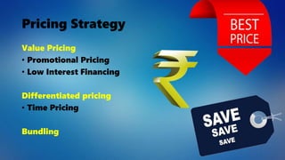 Pricing Strategy
Value Pricing
• Promotional Pricing
• Low Interest Financing
Differentiated pricing
• Time Pricing
Bundling
 