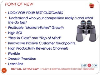 RETAIL STRATEGY : FIND THE BEST CUSTOMER FOR YOUR BUSINESS!
15
POINT OF VIEW
 LOOK FOR YOUR BEST CUSTOMERSLOOK FOR YOUR BEST CUSTOMERS
 Understand who your competition really is and whatUnderstand who your competition really is and what
the do bestthe do best
 Profitable “Market Niches” GrowthProfitable “Market Niches” Growth
 High ROIHigh ROI
 ““Best in Class” and “Top of Mind”Best in Class” and “Top of Mind”
 Innovative Positive Customer Touchpoints.Innovative Positive Customer Touchpoints.
 High Productivity Revenues ChannelsHigh Productivity Revenues Channels
 FlexibleFlexible
 Smooth TransitionSmooth Transition
 Least RiskLeast Risk
 