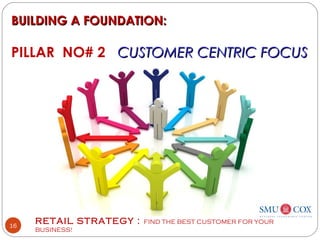 RETAIL STRATEGY : FIND THE BEST CUSTOMER FOR YOUR
BUSINESS!
16
BUILDING A FOUNDATION:BUILDING A FOUNDATION:
PILLAR NO# 2 CUSTOMER CENTRIC FOCUSCUSTOMER CENTRIC FOCUS
 