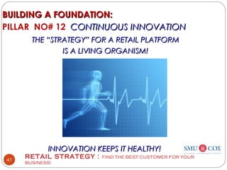 RETAIL STRATEGY : FIND THE BEST CUSTOMER FOR YOUR
BUSINESS!
47
BUILDING A FOUNDATION:BUILDING A FOUNDATION:
PILLAR NO# 12 CONTINUOUS INNOVATIONCONTINUOUS INNOVATION
THE “STRATEGY” FOR A RETAIL PLATFORMTHE “STRATEGY” FOR A RETAIL PLATFORM
IS A LIVING ORGANISM!IS A LIVING ORGANISM!
INNOVATION KEEPS IT HEALTHY!INNOVATION KEEPS IT HEALTHY!
 