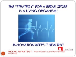 RETAIL STRATEGY : FIND THE BEST CUSTOMER FOR YOUR
BUSINESS!10
THE “STRATEGY” FOR A RETAIL STORETHE “STRATEGY” FOR A RETAIL STORE
IS A LIVING ORGANISM!IS A LIVING ORGANISM!
INNOVATION KEEPS IT HEALTHY!INNOVATION KEEPS IT HEALTHY!
 