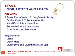 RETAIL STRATEGY : FIND THE BEST CUSTOMER FOR YOUR
BUSINESS!
17
STAGE ISTAGE I
LOOK, LISTEN AND LEARNLOOK, LISTEN AND LEARN
CHAMPIONCHAMPION
A Senior Executive has to be given Authority:A Senior Executive has to be given Authority:
 Gather Data & Collect InformationGather Data & Collect Information
 Ask difficult & hard questionsAsk difficult & hard questions
 Request other’s time & assetsRequest other’s time & assets
 Conclusion and ExecutionConclusion and Execution
RequirementsRequirements
 ListenListen
 Open MindOpen Mind
 Qualitative and Quantitative Skill SetsQualitative and Quantitative Skill Sets
 