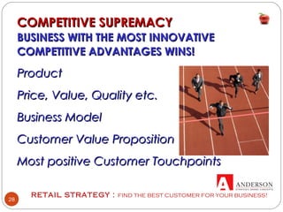 RETAIL STRATEGY : FIND THE BEST CUSTOMER FOR YOUR BUSINESS!
28
COMPETITIVE SUPREMACYCOMPETITIVE SUPREMACY
BUSINESS WITH THE MOST INNOVATIVEBUSINESS WITH THE MOST INNOVATIVE
COMPETITIVE ADVANTAGES WINS!COMPETITIVE ADVANTAGES WINS!
ProductProduct
Price, Value, Quality etc.Price, Value, Quality etc.
Business ModelBusiness Model
Customer Value PropositionCustomer Value Proposition
Most positive Customer TouchpointsMost positive Customer Touchpoints
 