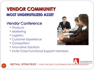 RETAIL STRATEGY : FIND THE BEST CUSTOMER FOR YOUR BUSINESS!
37
VENDOR COMMUNITYVENDOR COMMUNITY
MOST UNDERUTILIZED ASSETMOST UNDERUTILIZED ASSET
Vendor ConferenceVendor Conference
 Products
 Marketing
 Logistics
 Customer Experience
 Competition
 Innovative Solutions
 Invite Cross-Functional Support members
 