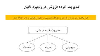 ‫تامین‬ ‫زنجیره‬ ‫در‬ ‫فروشی‬ ‫خرده‬ ‫مدیریت‬
‫است‬ ‫خدمات‬ ‫و‬ ‫هزینه‬ ،‫موجودی‬ ‫مقوله‬ ‫سه‬ ‫بین‬ ‫سازی‬ ‫متعادل‬ ‫در‬ ‫فروشی‬ ‫خرده‬ ‫مدیریت‬ ‫موفقیت‬ ‫کلید‬.
‫خدمات‬ ‫هزینه‬ ‫موجودی‬
‫فروشی‬ ‫خرده‬ ‫مدیریت‬
 