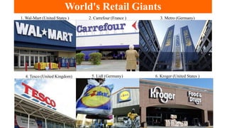 World's Retail Giants
1. Wal-Mart (United States ) 2. Carrefour (France ) 3. Metro (Germany)
4. Tesco (United Kingdom) 5. Lidl (Germany) 6. Kroger (United States )
 