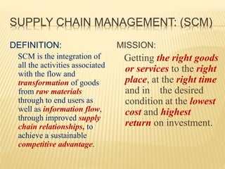 SUPPLY CHAIN MANAGEMENT: (SCM)
DEFINITION:
SCM is the integration of
all the activities associated
with the flow and
transformation of goods
from raw materials
through to end users as
well as information flow,
through improved supply
chain relationships, to
achieve a sustainable
competitive advantage.
MISSION:
Getting the right goods
or services to the right
place, at the right time
and in the desired
condition at the lowest
cost and highest
return on investment.
 