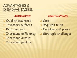 ADVANTAGES &
DISADVANTAGES:
ADVANTAGES:
 Quality assurance
 Inventory buffers
 Reduced cost
 Increased efficiency
 Increased output
 Increased profits
DISADVANTAGES:
 Cost
 Requires trust
 Imbalance of power
 Strategic challenges
 