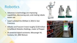 27	
  
Robo4cs	
  
•  Advances	
  in	
  technology	
  are	
  improving	
  
capabili4es,	
  decreasing	
  cost,	
  and	
  making	
  robots	
  
easier	
  use	
  
•  Lowe’s	
  piloted	
  the	
  OSHbot	
  in	
  2014	
  in	
  San	
  
Francisco	
  	
  
•  Alibaba	
  and	
  Foxconn	
  invest	
  roughly	
  $118	
  million	
  
in	
  So{Bank	
  Robo4cs	
  Holdings,	
  maker	
  of	
  Pepper	
  	
  
•  AI-­‐powered	
  digital	
  assistants:	
  Messenger	
  M,	
  
Cortana,	
  Siri,	
  IBM	
  Watson	
  
 