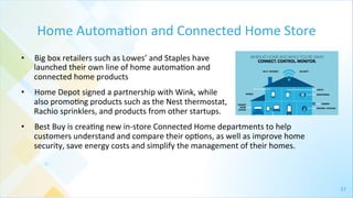 37	
  
Home	
  Automa4on	
  and	
  Connected	
  Home	
  Store	
  
•  Big	
  box	
  retailers	
  such	
  as	
  Lowes’	
  and	
  Staples	
  have	
  	
  
launched	
  their	
  own	
  line	
  of	
  home	
  automa4on	
  and	
  	
  
connected	
  home	
  products	
  
•  Home	
  Depot	
  signed	
  a	
  partnership	
  with	
  Wink,	
  while	
  	
  
also	
  promo4ng	
  products	
  such	
  as	
  the	
  Nest	
  thermostat,	
  	
  
Rachio	
  sprinklers,	
  and	
  products	
  from	
  other	
  startups.	
  
•  Best	
  Buy	
  is	
  crea4ng	
  new	
  in-­‐store	
  Connected	
  Home	
  departments	
  to	
  help	
  
customers	
  understand	
  and	
  compare	
  their	
  op4ons,	
  as	
  well	
  as	
  improve	
  home	
  
security,	
  save	
  energy	
  costs	
  and	
  simplify	
  the	
  management	
  of	
  their	
  homes.	
  
 