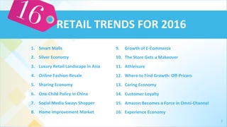 7	
  
1.  Smart	
  Malls	
  	
  
2.  Silver	
  Economy	
  	
  
3.  Luxury	
  Retail	
  Landscape	
  in	
  Asia	
  	
  
4.  Online	
  Fashion	
  Resale	
  	
  
5.  Sharing	
  Economy	
  	
  
6.  One-­‐Child	
  Policy	
  in	
  China	
  
7.  Social	
  Media	
  Sways	
  Shopper	
  
8.  Home	
  Improvement	
  Market	
  	
  
9.  Growth	
  of	
  E-­‐Commerce	
  	
  
10.  The	
  Store	
  Gets	
  a	
  Makeover	
  	
  
11.  Athleisure	
  	
  	
  	
  
12.  Where	
  to	
  Find	
  Growth:	
  Oﬀ-­‐Pricers	
  	
  
13.  Caring	
  Economy	
  	
  
14.  Customer	
  Loyalty	
  	
  
15.  Amazon	
  Becomes	
  a	
  Force	
  in	
  Omni-­‐Channel	
  
16.  Experience	
  Economy	
  	
  	
  
	
  
RETAIL	
  TRENDS	
  FOR	
  2016	
  
 