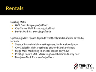 32 
Existing Malls 
 GVK One: Rs.250-400/psf/mth 
 City Centre Mall: Rs.100-150/psf/mth 
 Inorbit Mall: Rs. 150-180/psf/mth 
Upcoming Malls (quote depends whether brand is anchor or vanilla 
tenant) 
 Shanta Sriram Mall: Marketing to anchor brands only now 
 City Capital Mall: Marketing to anchor brands only now 
 Mega Mall: Marketing to anchor brands only now 
 Prestige Forum Mall: Marketing to anchor brands only now 
 Manjeera Mall: Rs. 120-180/psf/mth 
 