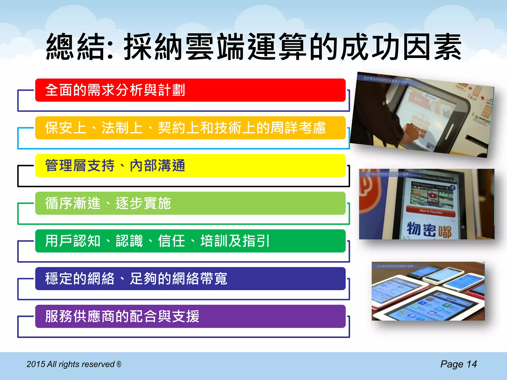 Page 142015 All rights reserved ®
總結: 採納雲端運算的成功因素
全面的需求分析與計劃
保安上、法制上、契約上和技術上的周詳考慮
管理層支持、內部溝通
循序漸進、逐步實施
用戶認知、認識、信任、培訓及指引
穩定的網絡、足夠的網絡帶寬
服務供應商的配合與支援
 