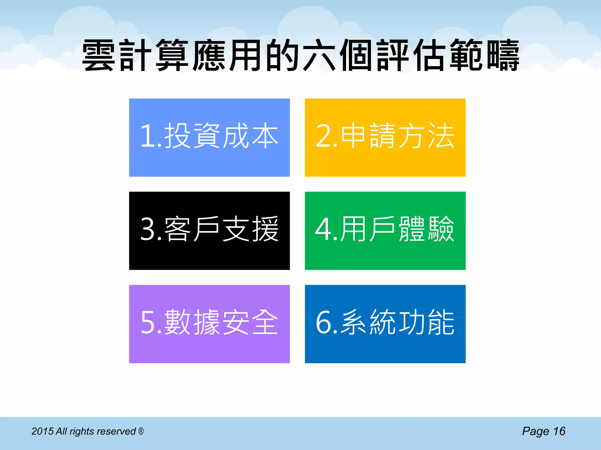 Page 162015 All rights reserved ®
雲計算應用的六個評估範疇
1.投資成本 2.申請方法
3.客戶支援 4.用戶體驗
5.數據安全 6.系統功能
 
