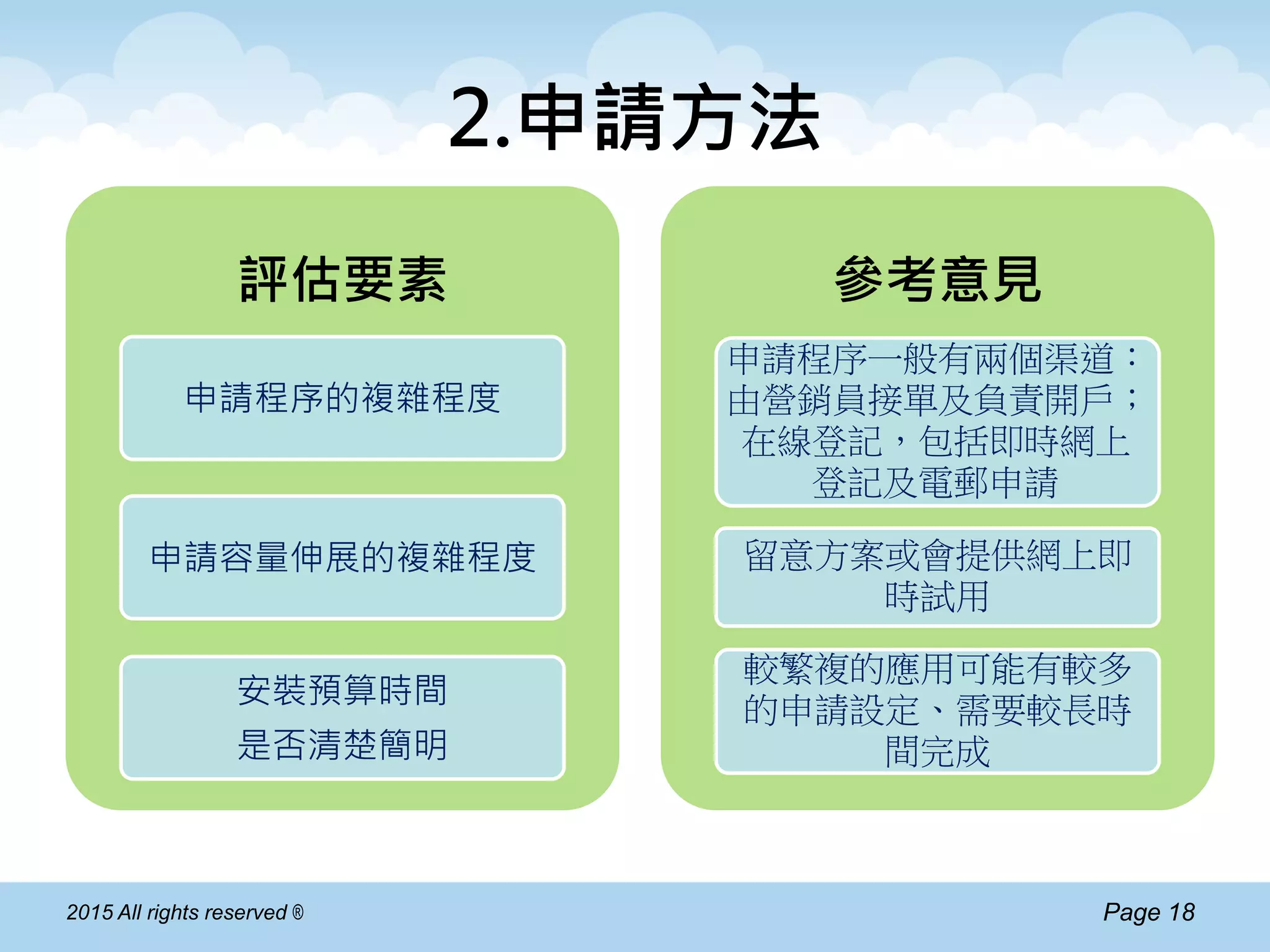 Page 182015 All rights reserved ®
2.申請方法
評估要素
申請程序的複雜程度
申請容量伸展的複雜程度
安裝預算時間
是否清楚簡明
參考意見
申請程序一般有兩個渠道：
由營銷員接單及負責開戶；
在線登記，包括即時網上
登記及電郵申請
留意方案或會提供網上即
時試用
較繁複的應用可能有較多
的申請設定、需要較長時
間完成
 