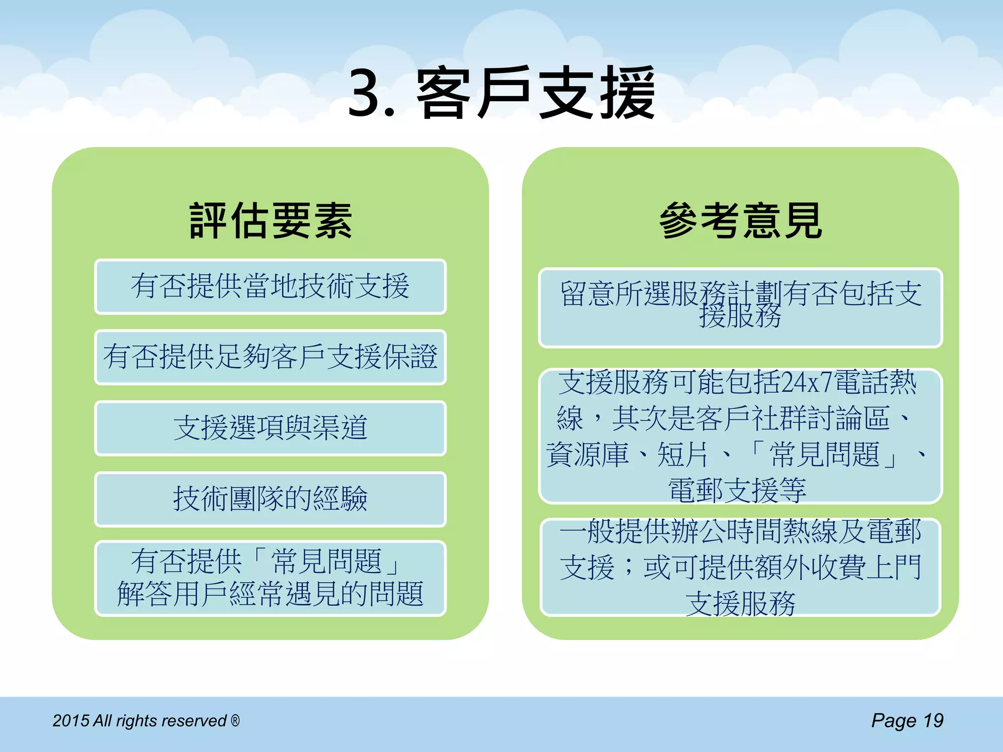 Page 192015 All rights reserved ®
3. 客戶支援
評估要素
有否提供當地技術支援
有否提供足夠客戶支援保證
支援選項與渠道
技術團隊的經驗
有否提供「常見問題」
解答用戶經常遇見的問題
參考意見
留意所選服務計劃有否包括支
援服務
支援服務可能包括24x7電話熱
線，其次是客戶社群討論區、
資源庫、短片、「常見問題」、
電郵支援等
一般提供辦公時間熱線及電郵
支援；或可提供額外收費上門
支援服務
 